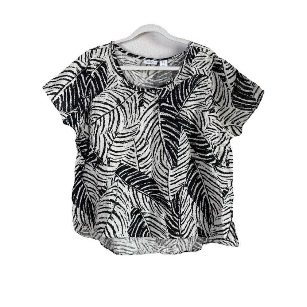 Nicole Miller 100% Linen Black Palm Print Top Size 1X Tropical Coastal Lagenlook